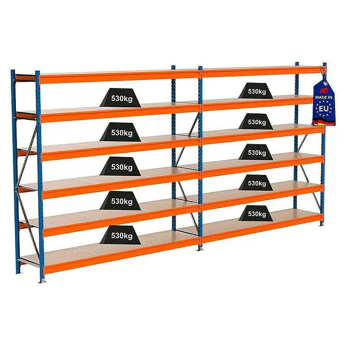 Proregal Schwerlastregal Industrie Weitspannregal MAXIMUS Pro - H x B x T: 250 x 510 x 60 cm, Traglast pro Boden: 530 kg, Anzahl Böden: 6 Stk., Stecken, Blau/Orange