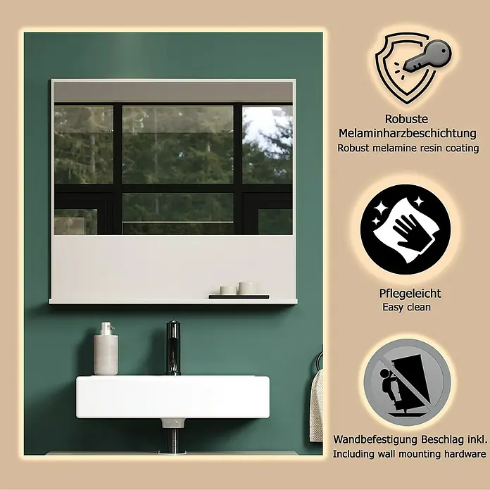 Trendteam Sao Paulo Ablagespiegel - 80 x 14 x 74 cm, Kaschmir - Weißer wandhängender Spiegelschrank mit Ablage und Waschbecken, robust und pflegeleicht.