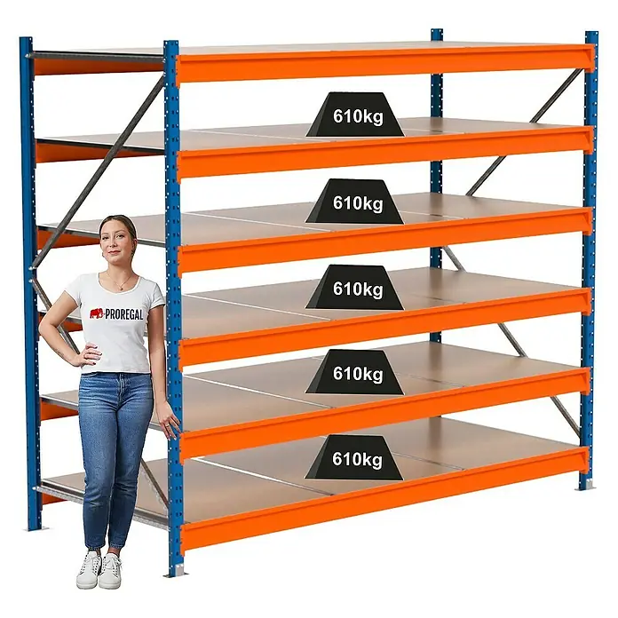 Proregal Schwerlastregal Industrie Weitspannregal MAXIMUS Pro - H x B x T: 200 x 235 x 100 cm, Traglast pro Boden: 610 kg, Anzahl Böden: 6 Stk., Stecken, Blau/Orange