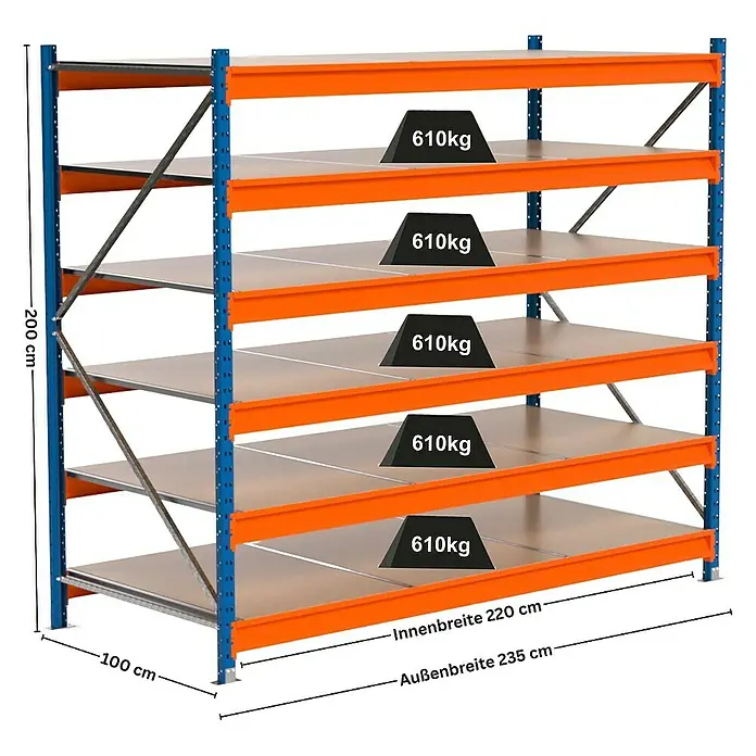 Proregal Schwerlastregal Industrie Weitspannregal MAXIMUS Pro - H x B x T: 200 x 235 x 100 cm, Traglast pro Boden: 610 kg, Anzahl Böden: 6 Stk., Stecken, Blau/Orange