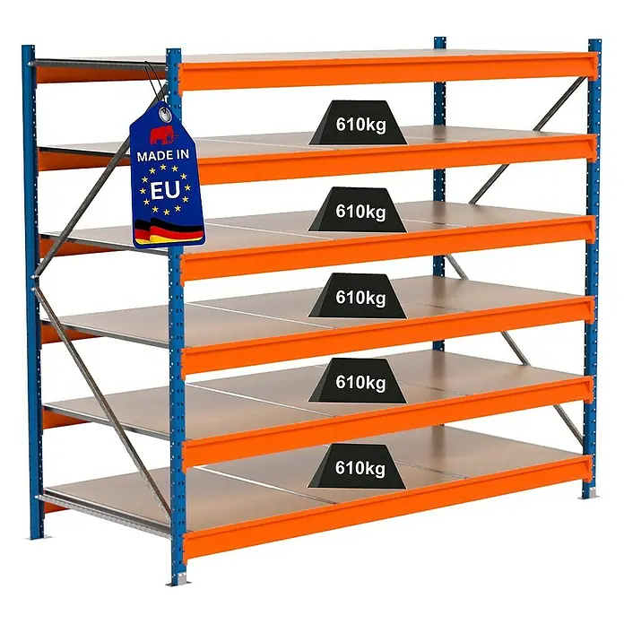 Proregal Schwerlastregal Industrie Weitspannregal MAXIMUS Pro - H x B x T: 200 x 235 x 100 cm, Traglast pro Boden: 610 kg, Anzahl Böden: 6 Stk., Stecken, Blau/Orange