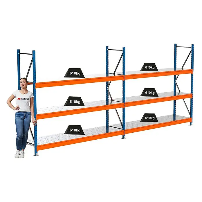 Proregal Schwerlastregal Industrie Weitspannregal MAXIMUS Pro - H x B x T: 200 x 460 x 60 cm, Traglast pro Boden: 610 kg, Anzahl Böden: 3 Stk., Stecken, Blau/Orange