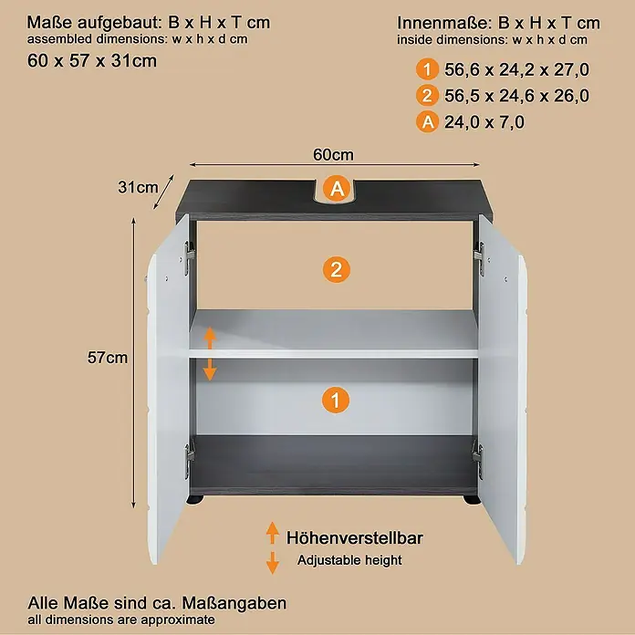 Trendteam Line Waschtischunterschrank - 60 x 31 x 57 cm, Sardegna Silber/Weiß, Glänzend - Zweitüriger Schrank mit dunkler Oberplatte und hellem Korpus, verstellbarem Einlegeboden und Kabelausschnitt. Maße: 60x57x31cm.