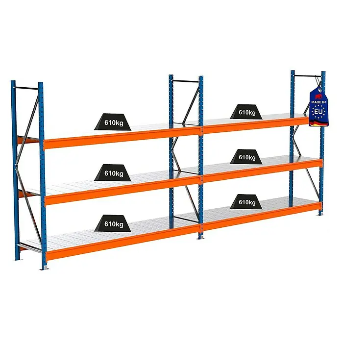 Proregal Schwerlastregal Industrie Weitspannregal MAXIMUS Pro - H x B x T: 200 x 460 x 60 cm, Traglast pro Boden: 610 kg, Anzahl Böden: 3 Stk., Stecken, Blau/Orange