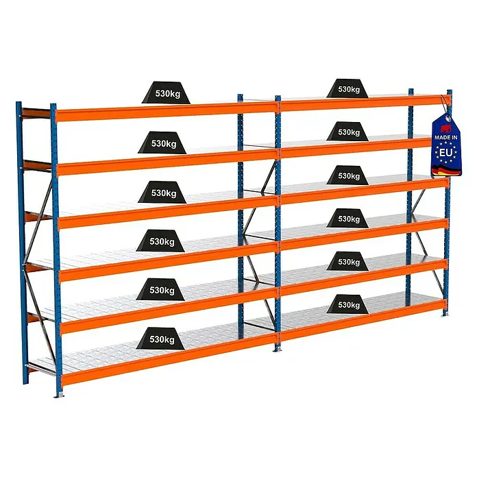 Proregal Schwerlastregal Industrie Weitspannregal MAXIMUS Pro - H x B x T: 250 x 510 x 60 cm, Traglast pro Boden: 530 kg, Anzahl Böden: 6 Stk., Stecken, Blau/Orange
