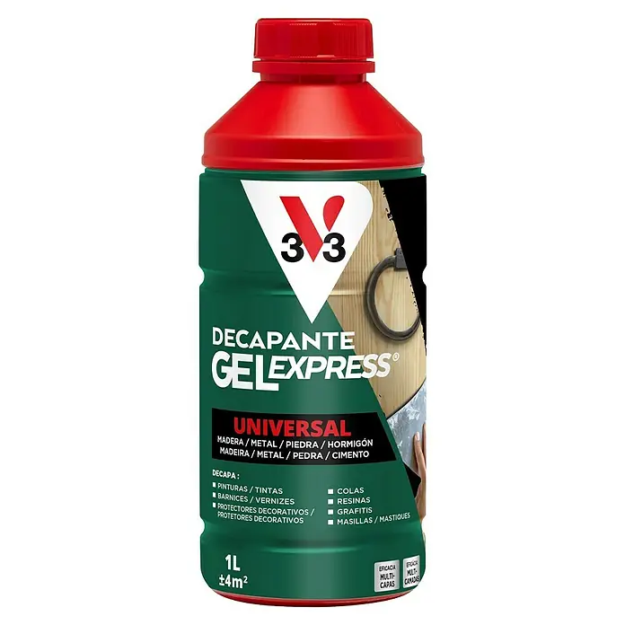 V33 Decapante Universal - 1 l - Botella verde con tapa roja de decapante universal V33 Gelexpress para madera, metal, piedra y hormigón. 1L.