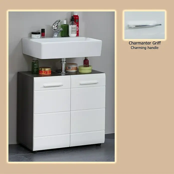 Trendteam Line Waschtischunterschrank - 60 x 31 x 57 cm, Sardegna Silber/Weiß, Glänzend - Moderner Badunterschrank mit weißen Fronten, dunkelgrauen Seiten und Chromgriffen. Verfügt über ein integriertes weißes Waschbecken.