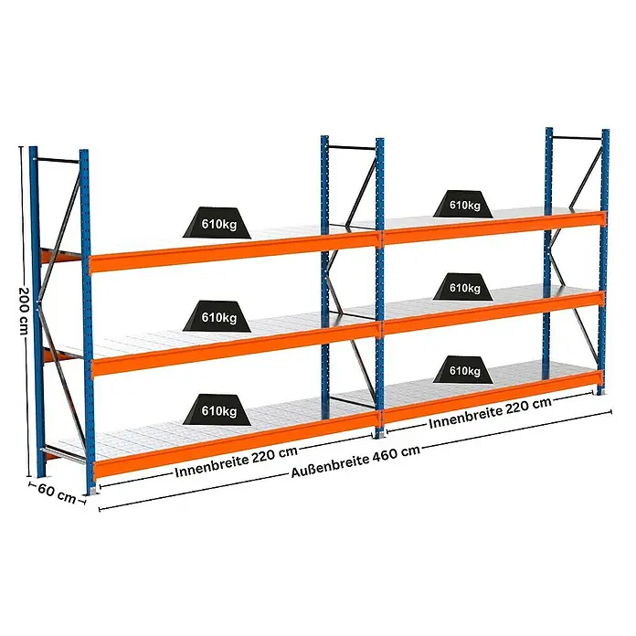 Proregal Schwerlastregal Industrie Weitspannregal MAXIMUS Pro - H x B x T: 200 x 460 x 60 cm, Traglast pro Boden: 610 kg, Anzahl Böden: 3 Stk., Stecken, Blau/Orange
