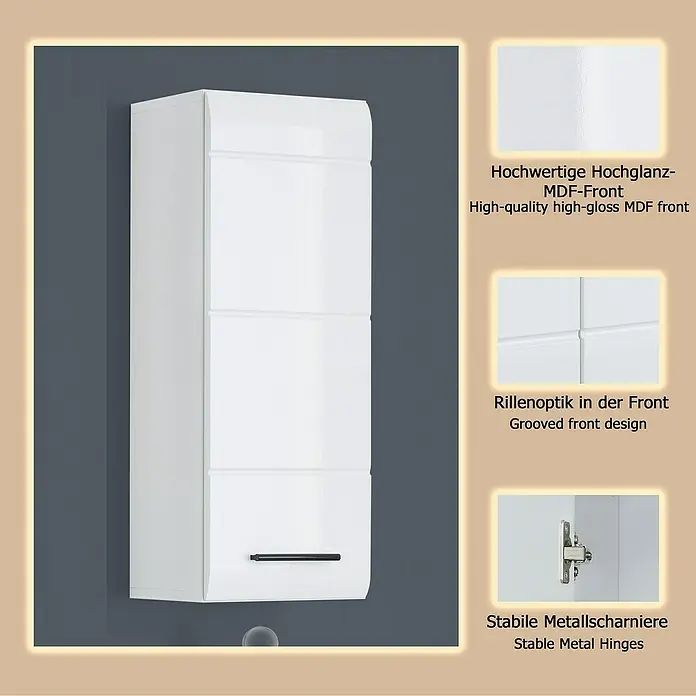 Trendteam Skin Hängeschrank - 30 x 23 x 77 cm, Weiß - Weißer Hochglanz-Hängeschrank mit gerillter Front und stabilen Metallscharnieren, an dunkelgrauer Wand.