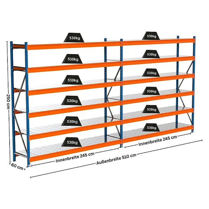Proregal Schwerlastregal Industrie Weitspannregal MAXIMUS Pro - H x B x T: 250 x 510 x 60 cm, Traglast pro Boden: 530 kg, Anzahl Böden: 6 Stk., Stecken, Blau/Orange
