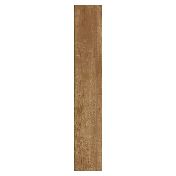 Feinsteinzeugfliese Essenza - 20 x 120 cm, Casatg, Matt - Braune Holzdiele mit natürlicher Maserung.