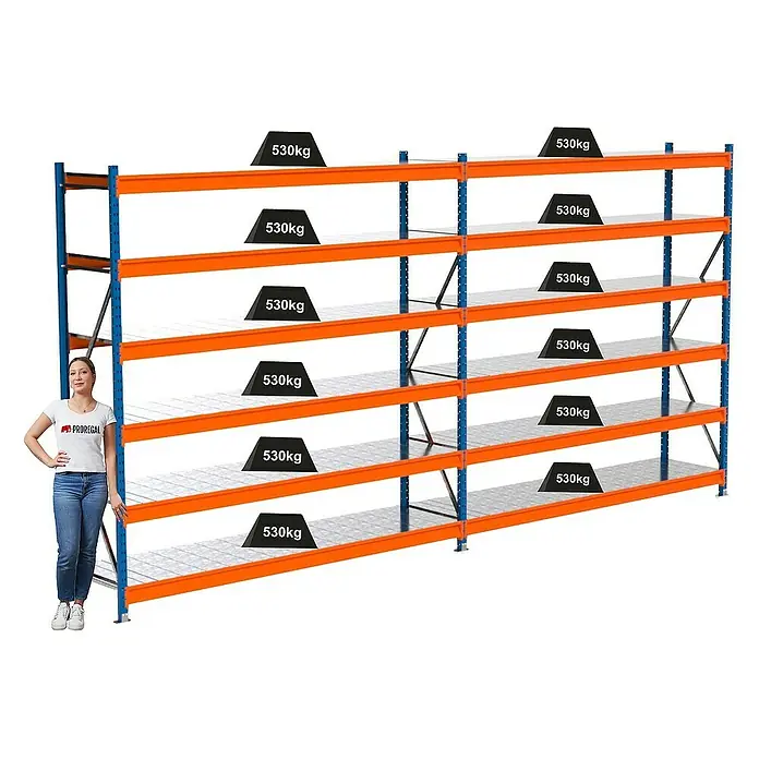 Proregal Schwerlastregal Industrie Weitspannregal MAXIMUS Pro - H x B x T: 250 x 510 x 60 cm, Traglast pro Boden: 530 kg, Anzahl Böden: 6 Stk., Stecken, Blau/Orange