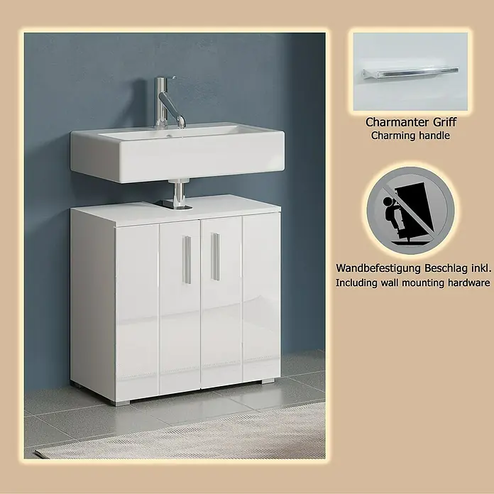Trendteam Wons Waschtischunterschrank - 60 x 34 x 58 cm, Weiß, Glänzend - Weißer Hochglanz-Waschbeckenunterschrank mit Chromgriffen, integriertem Waschbecken und Armatur, in modernem Badambiente.