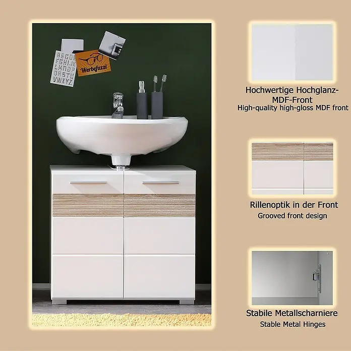 Trendteam Mezzo Waschtischunterschrank - 60 x 34 x 56 cm, Weiß/Eiche Sägerau hell, Glänzend - Weißer Hochglanz MDF Badunterschrank mit Waschbecken, gerillter Holzoptikfront und stabilen Metallscharnieren.