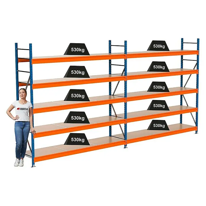 Proregal Schwerlastregal Industrie Weitspannregal MAXIMUS Pro - H x B x T: 250 x 510 x 60 cm, Traglast pro Boden: 530 kg, Anzahl Böden: 5 Stk., Stecken, Blau/Orange
