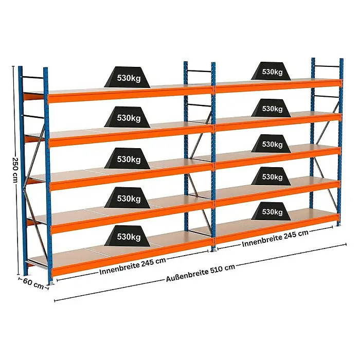 Proregal Schwerlastregal Industrie Weitspannregal MAXIMUS Pro - H x B x T: 250 x 510 x 60 cm, Traglast pro Boden: 530 kg, Anzahl Böden: 5 Stk., Stecken, Blau/Orange