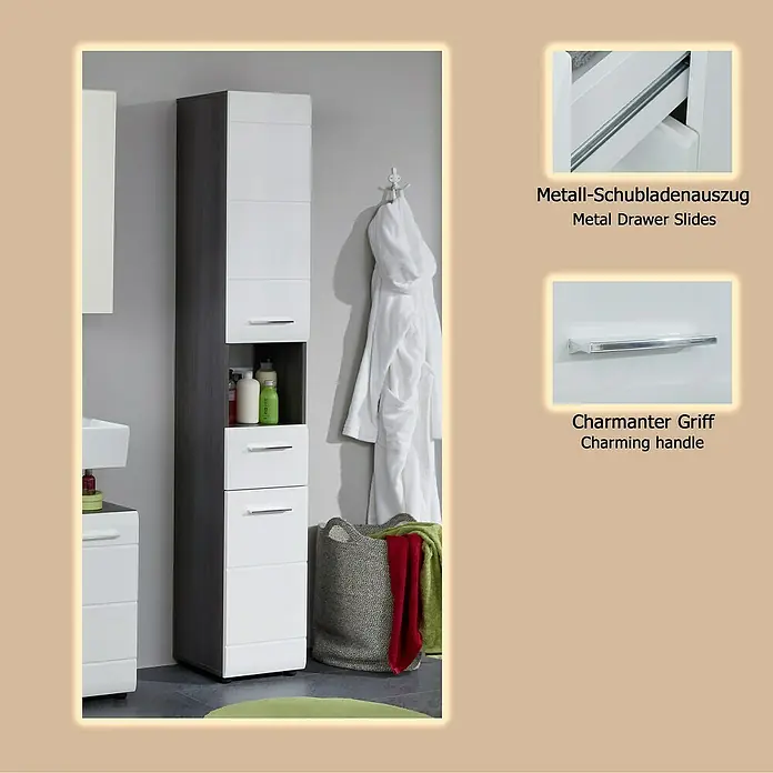 Trendteam Line Hochschrank - 30 x 31 x 182 cm, Sardegna Silber/Weiß - Hoher Badezimmerschrank in Weiß und Dunkelholz mit mehreren Schubladen, Metallauszügen und Chromgriffen.