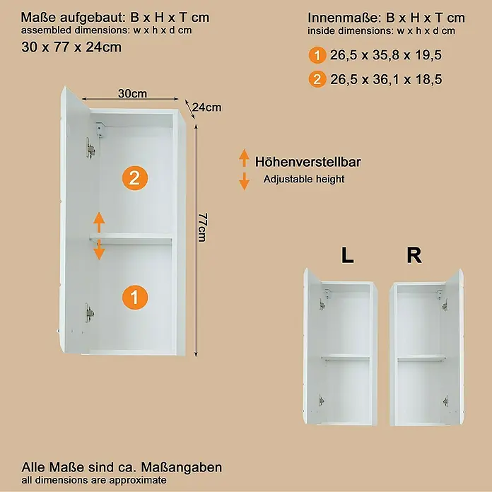 Trendteam Skin Hängeschrank - 30 x 23 x 77 cm, Weiß - Weißer Wandschrank mit verstellbarem Regal, Außen- und Innenmaßen sowie Optionen für Links-/Rechtsanschlag.