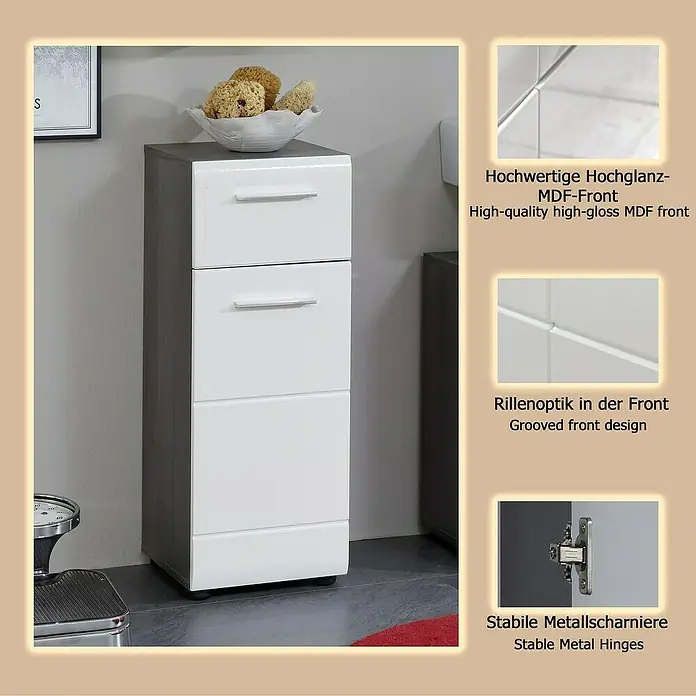 Trendteam Line Unterschrank - 30 x 31 x 80 cm, Sardegna Silber/Weiß - Hoher Badezimmerschrank mit weißen Hochglanz-MDF-Fronten und grauem Korpus.