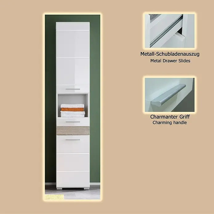 Trendteam Mezzo Bad-Hochschrank - B x T x H: 37 x 31 x 182 cm, Weiß/Eiche Sägerau hell - Hoher weißer Badschrank mit Holzoptik-Akzent, silbernen Griffen und Metallschubladenauszügen. Ein offenes Fach zeigt gefaltete Handtücher.
