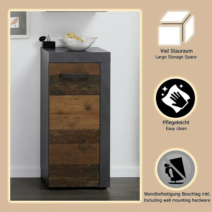 Trendteam Indy Unterschrank - 36 x 31 x 81 cm, Matera/Old Wood - Dunkelgrauer und rustikaler Holzschrank in einem Raum, mit schwarzem Parfümflakon und weißer Schale oben.