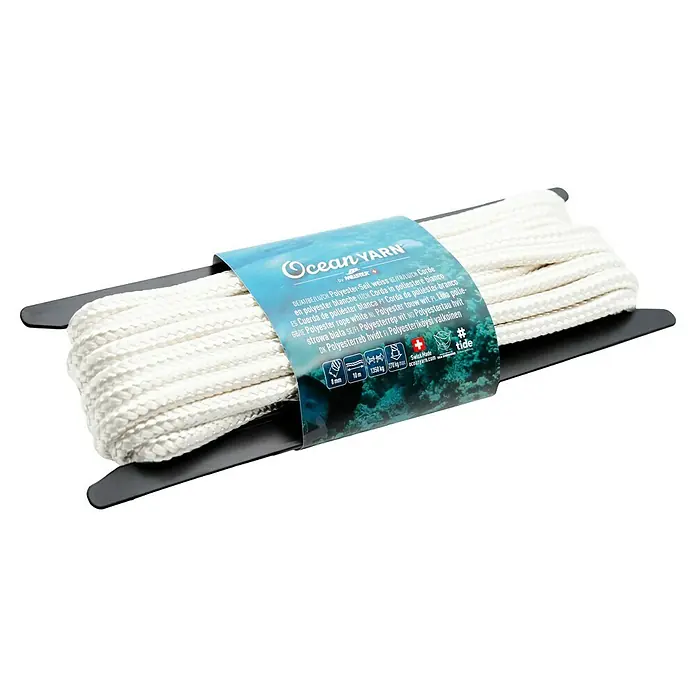 OceanYarn Polyester-Seil OCEANYARN - Länge: 10 m, Durchmesser: 8 mm, Belastbarkeit: 1.350 kg, Weiß - Weißes Polyesterseil auf einer schwarzen Spule mit „Ocean YARN“-Etikett.
