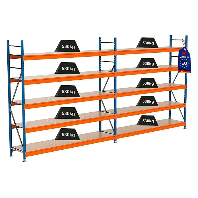 Proregal Schwerlastregal Industrie Weitspannregal MAXIMUS Pro - H x B x T: 250 x 510 x 60 cm, Traglast pro Boden: 530 kg, Anzahl Böden: 5 Stk., Stecken, Blau/Orange