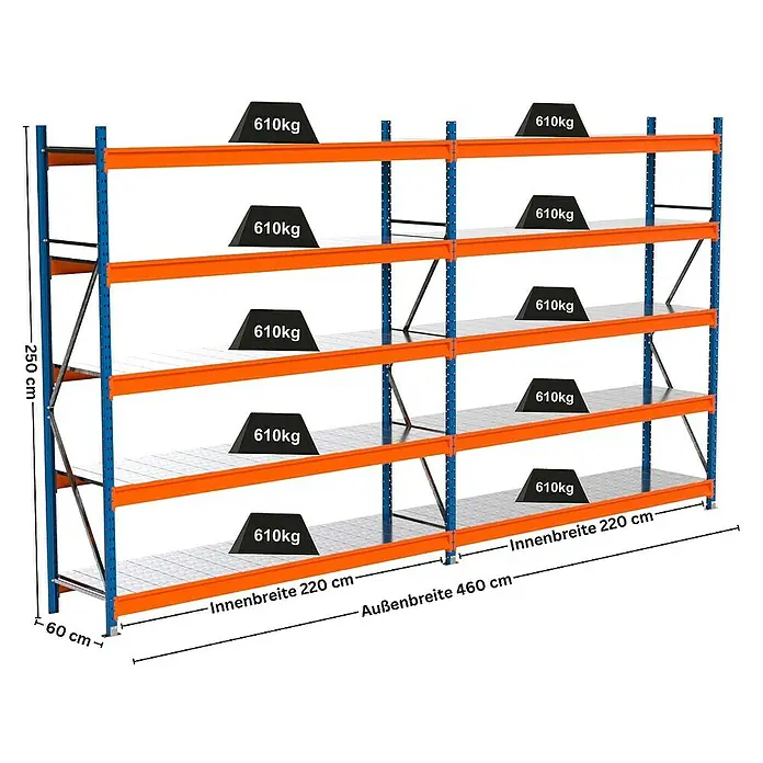 Proregal Schwerlastregal Industrie Weitspannregal MAXIMUS Pro - H x B x T: 250 x 460 x 60 cm, Traglast pro Boden: 610 kg, Anzahl Böden: 5 Stk., Stecken, Blau/Orange