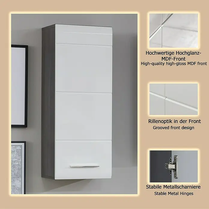 Trendteam Line Hängeschrank - 30 x 24 x 77 cm, Sardegna Silber/Weiß - Weißer Hochglanz-Wandschrank mit gerillter MDF-Front, grauer Seitenwand und Metallgriff.