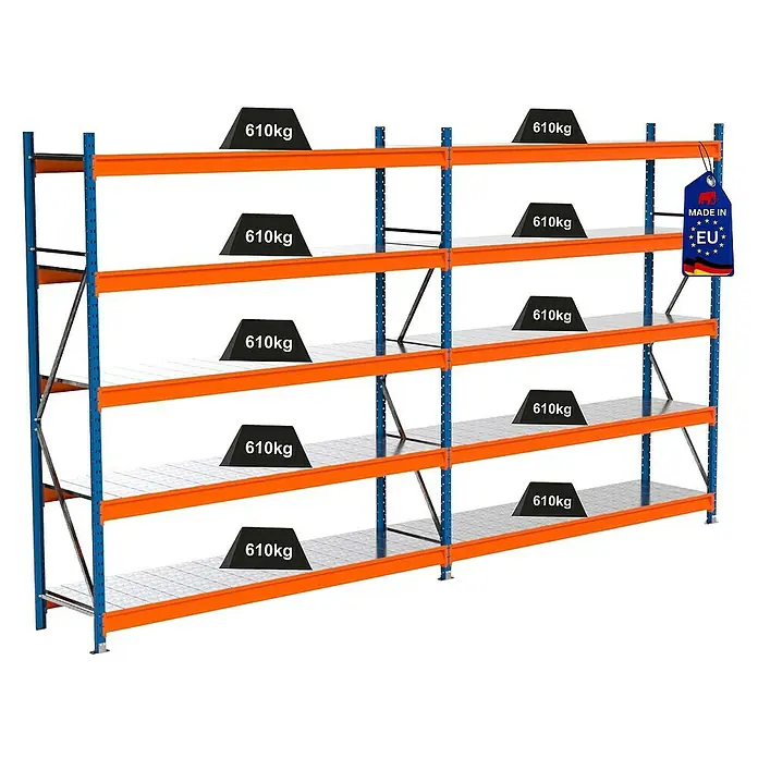 Proregal Schwerlastregal Industrie Weitspannregal MAXIMUS Pro - H x B x T: 250 x 460 x 60 cm, Traglast pro Boden: 610 kg, Anzahl Böden: 5 Stk., Stecken, Blau/Orange