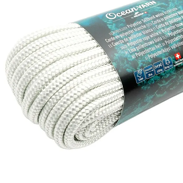 OceanYarn Polyester-Seil OCEANYARN - Länge: 20 m, Durchmesser: 5 mm, Belastbarkeit: 420 kg, Weiß - Zusammengelegte weiße Polyesterleine, 5mm Durchmesser und 20 Meter lang, mit Markenverpackung.