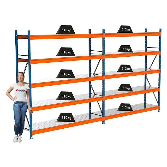 Proregal Schwerlastregal Industrie Weitspannregal MAXIMUS Pro - H x B x T: 250 x 460 x 60 cm, Traglast pro Boden: 610 kg, Anzahl Böden: 5 Stk., Stecken, Blau/Orange