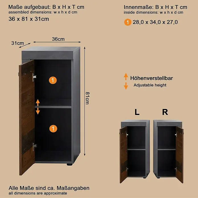 Trendteam Indy Unterschrank - 36 x 31 x 81 cm, Matera/Old Wood - Dunkelgrauer Schrank mit brauner Holztür und verstellbarem Regal. Maße 36x81x31cm. Linke und rechte Türvarianten sind abgebildet.