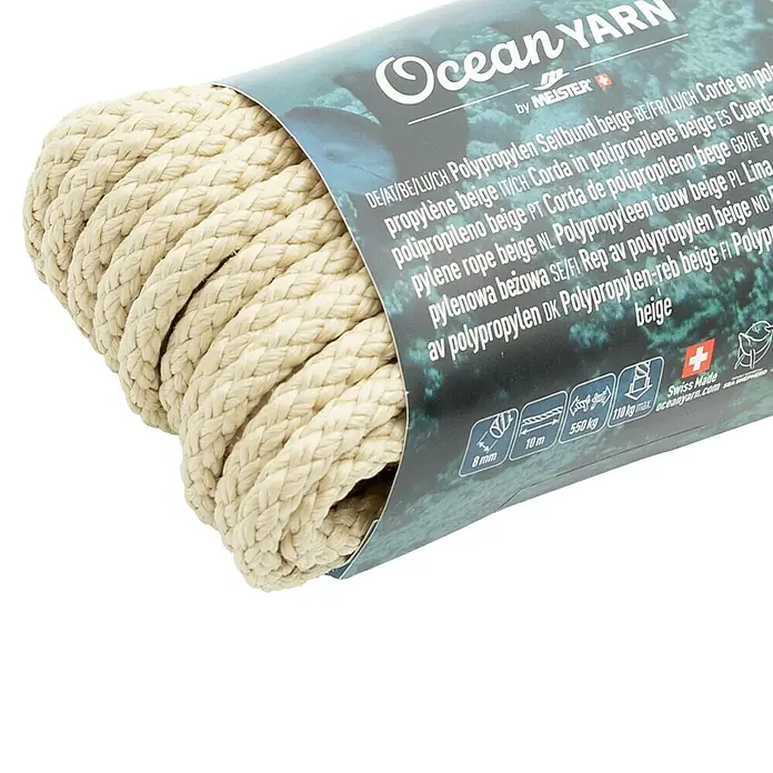 OceanYarn PP-Seil OCEANYARN - Länge: 10 m, Durchmesser: 8 mm, Belastbarkeit: 550 kg, Beige - Gerollte beige Polypropylenseil mit 'Ocean Yarn' Etikett, 8mm Durchmesser.