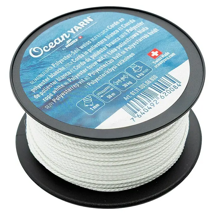 OceanYarn Polyester-Seil OCEANYARN - Länge: 50 m, Durchmesser: 1 mm, Belastbarkeit: 30 kg, Weiß - Weißes Polyesterseil auf einer Spule.