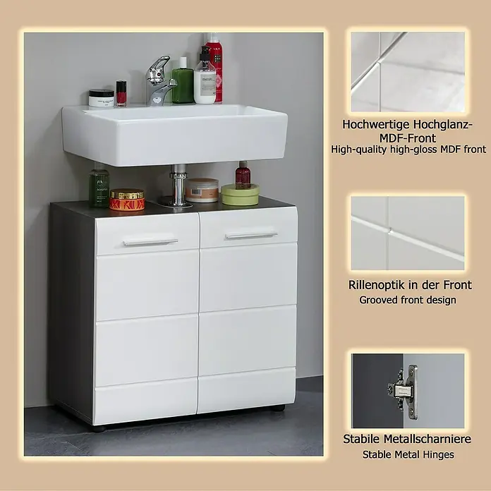 Trendteam Line Waschtischunterschrank - 60 x 31 x 57 cm, Sardegna Silber/Weiß, Glänzend - Weißer Hochglanz-MDF Badunterschrank mit Rillenfront, dunkelgrauen Seiten und weißem Waschbecken. Mit stabilen Metallscharnieren.