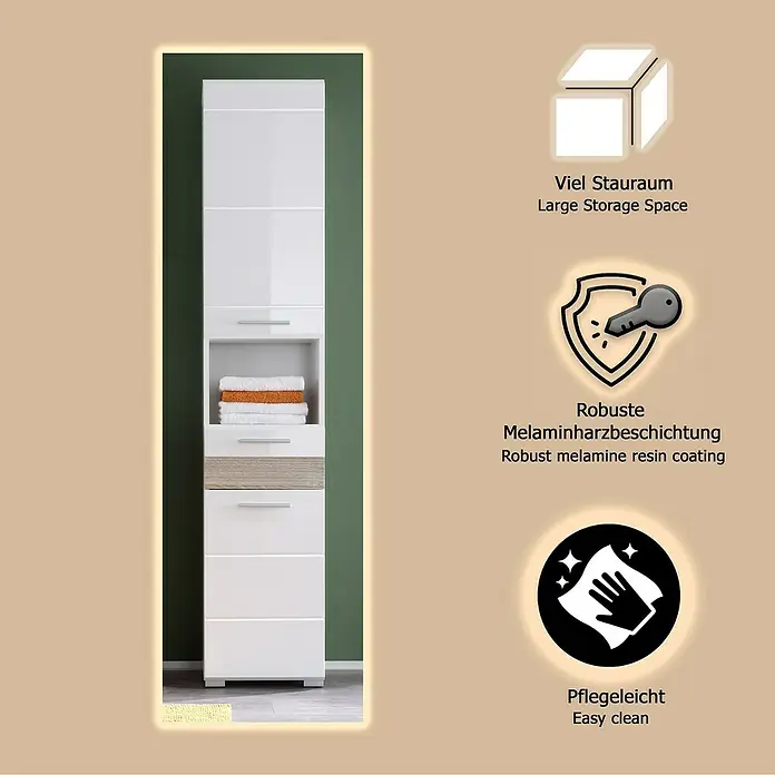 Trendteam Mezzo Bad-Hochschrank - B x T x H: 37 x 31 x 182 cm, Weiß/Eiche Sägerau hell - Weißer Hochglanz-Hochschrank mit Schubladen, offenem Fach und heller Holzoptik. Bietet viel Stauraum, ist robust beschichtet und pflegeleicht.