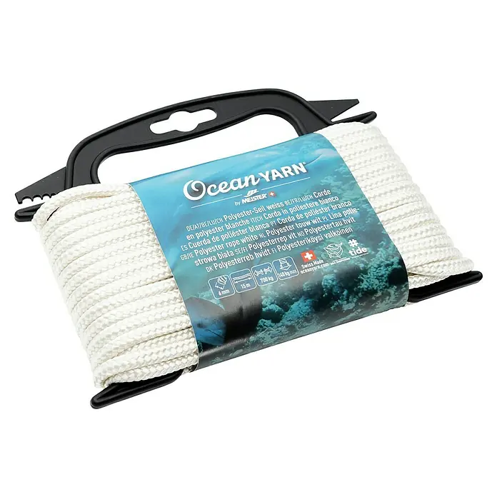 OceanYarn Polyester-Seil OCEANYARN - Länge: 15 m, Durchmesser: 6 mm, Belastbarkeit: 700 kg, Weiß - Weißes Polyesterseil auf einem schwarzen Kunststoffaufwickler.