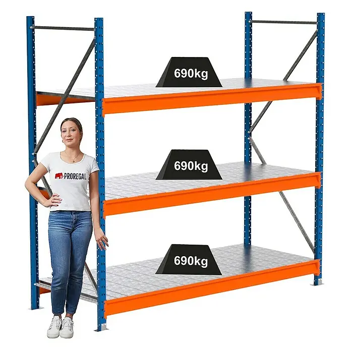 Proregal Schwerlastregal Industrie Weitspannregal MAXIMUS Pro - H x B x T: 200 x 210 x 80 cm, Traglast pro Boden: 690 kg, Anzahl Böden: 3 Stk., Stecken, Blau/Orange