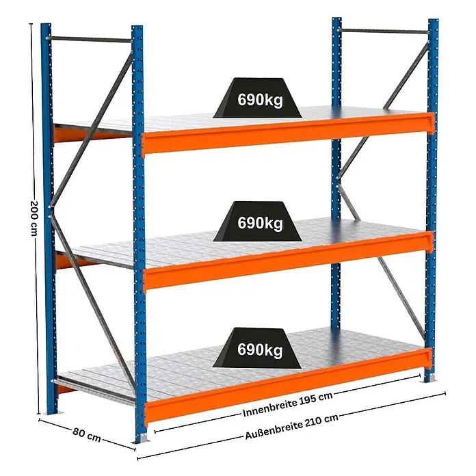 Proregal Schwerlastregal Industrie Weitspannregal MAXIMUS Pro - H x B x T: 200 x 210 x 80 cm, Traglast pro Boden: 690 kg, Anzahl Böden: 3 Stk., Stecken, Blau/Orange