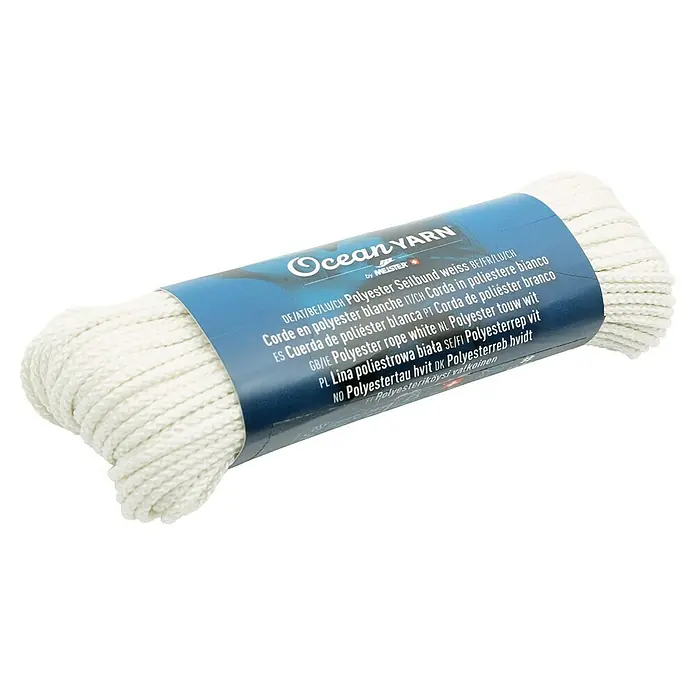 OceanYarn Polyester-Seil OCEANYARN - Länge: 20 m, Durchmesser: 2 mm, Weiß - Weiße Polyester-Seilspule mit blauem Ocean YARN Etikett.