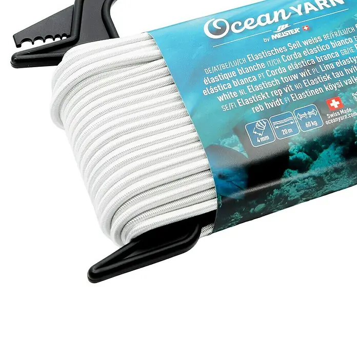 OceanYarn PP-Seil OCEANYARN - Länge: 20 m, Durchmesser: 4 mm, Belastbarkeit: 60 kg, Weiß - Weißes Gummiseil (4mm, 20m) auf schwarzem Halter mit "Ocean Yarn" Etikett, 60kg Tragkraft.