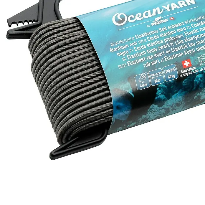 OceanYarn PP-Seil OCEANYARN - Länge: 20 m, Durchmesser: 4 mm, Belastbarkeit: 60 kg, Schwarz - Schwarze Gummischnur mit Meister Ocean Yarn Etikett, 4mm, 20m, 60kg.