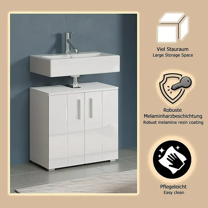 Trendteam Wons Waschtischunterschrank - 60 x 34 x 58 cm, Weiß, Glänzend - Weißer Hochglanz Badschrank mit Waschbecken, robuster Melaminbeschichtung und viel Stauraum.
