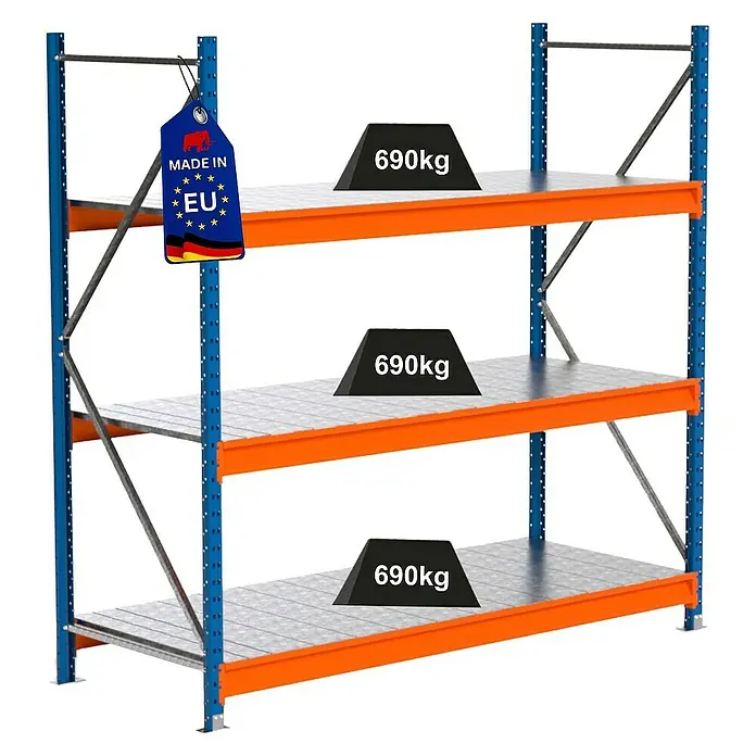 Proregal Schwerlastregal Industrie Weitspannregal MAXIMUS Pro - H x B x T: 200 x 210 x 80 cm, Traglast pro Boden: 690 kg, Anzahl Böden: 3 Stk., Stecken, Blau/Orange