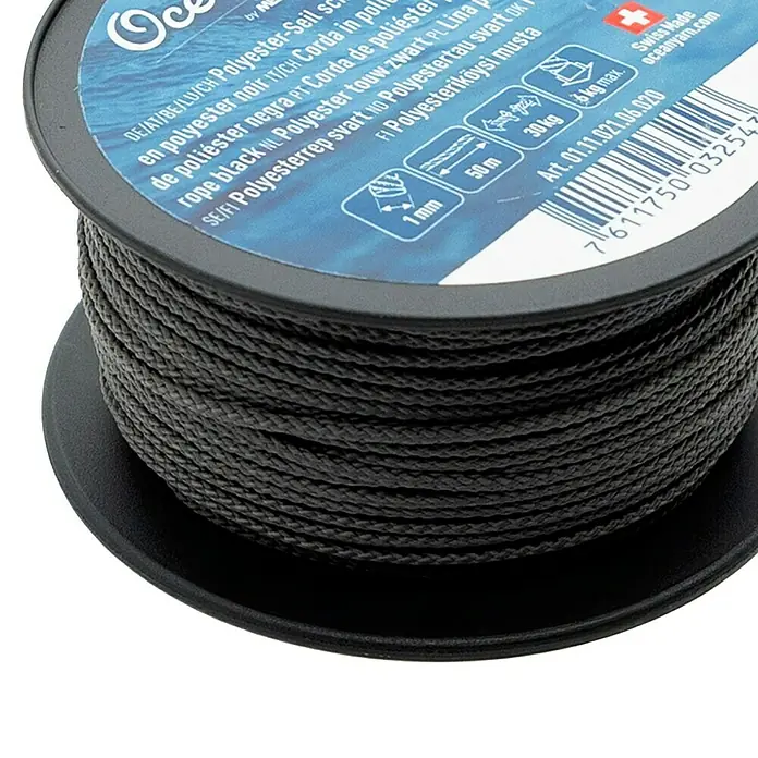 OceanYarn Polyester-Seil OCEANYARN - Länge: 50 m, Durchmesser: 1 mm, Belastbarkeit: 30 kg, Schwarz - Spule schwarzes Polyesterseil, 1 mm Durchmesser, 50 m lang, mit 30 kg Tragkraft.