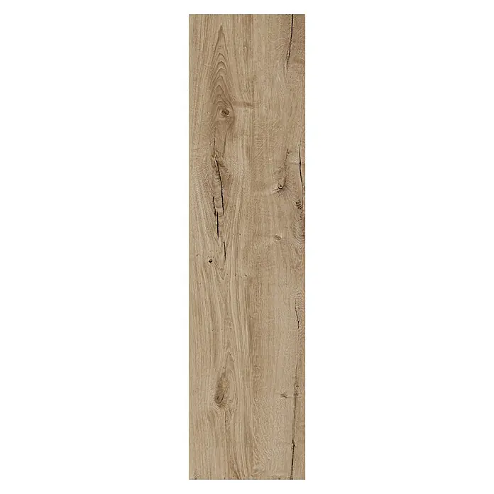 Feinsteinzeugfliese Essenza - 30 x 120 cm, Fango, Matt - Hellbraune Holzplatte mit natürlicher Maserung, Ästen und Rissen.