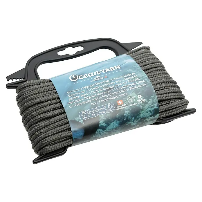 OceanYarn Polyester-Seil OCEANYARN - Länge: 15 m, Durchmesser: 6 mm, Belastbarkeit: 700 kg, Schwarz - Grauschwarzes Polyesterseil, 15m lang, 6mm dick, auf einem Kunststoffgriff aufgewickelt mit Etikett.