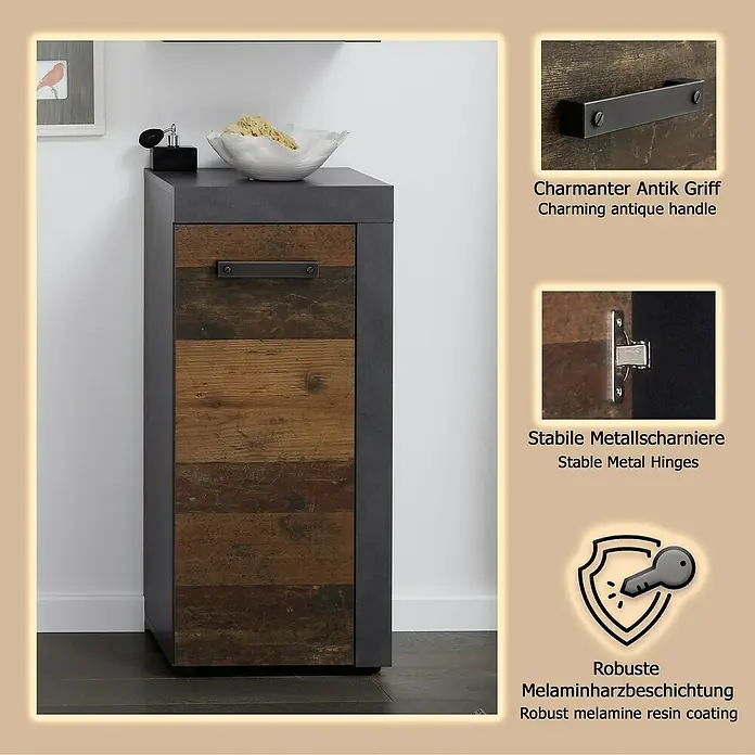 Trendteam Indy Unterschrank - 36 x 31 x 81 cm, Matera/Old Wood - Schmaler Beistellschrank mit dunkelgrauem Rahmen und rustikaler Holztür, mit antikem Griff, stabilen Metallscharnieren und robuster Melaminbeschichtung.