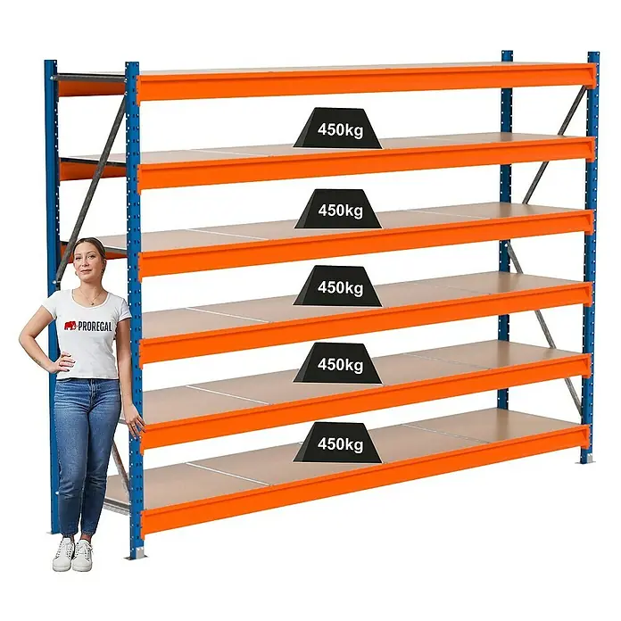 Proregal Schwerlastregal Industrie Weitspannregal MAXIMUS Pro - H x B x T: 200 x 285 x 60 cm, Traglast pro Boden: 450 kg, Anzahl Böden: 6 Stk., Stecken, Blau/Orange